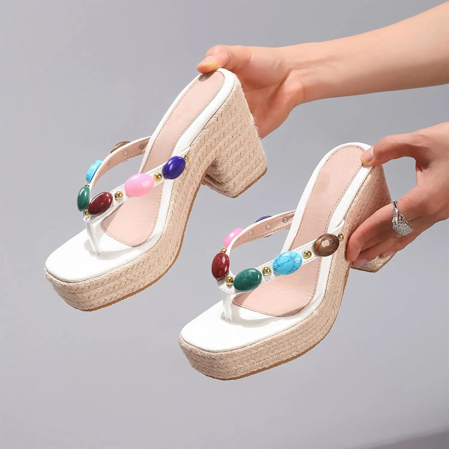 Women's Espadrillles Platform Raffia Beaded Jewelled Flip Flops Heels Sandals for Women Bohemia Rhinestone Chunky Thong Slides Woven Braided Heels