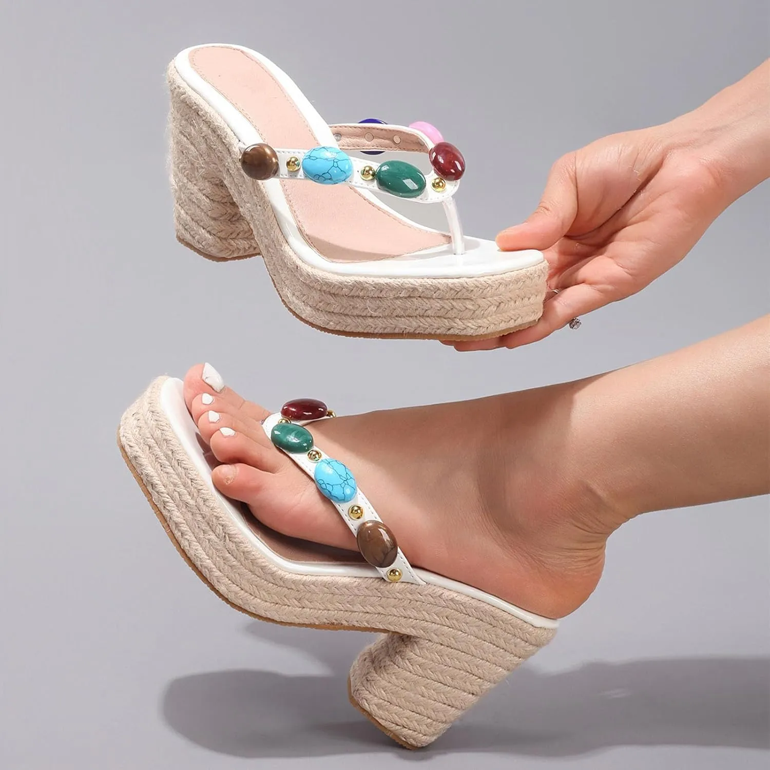 Women's Espadrillles Platform Raffia Beaded Jewelled Flip Flops Heels Sandals for Women Bohemia Rhinestone Chunky Thong Slides Woven Braided Heels