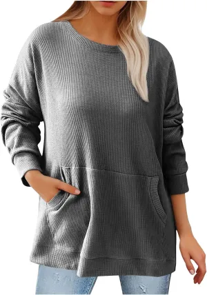 Womens Fall Fashion Sweatshirts 2024 Long Sleeve Crewneck Waffle Sweatshirt Casual Loose Solid Pullover Tops