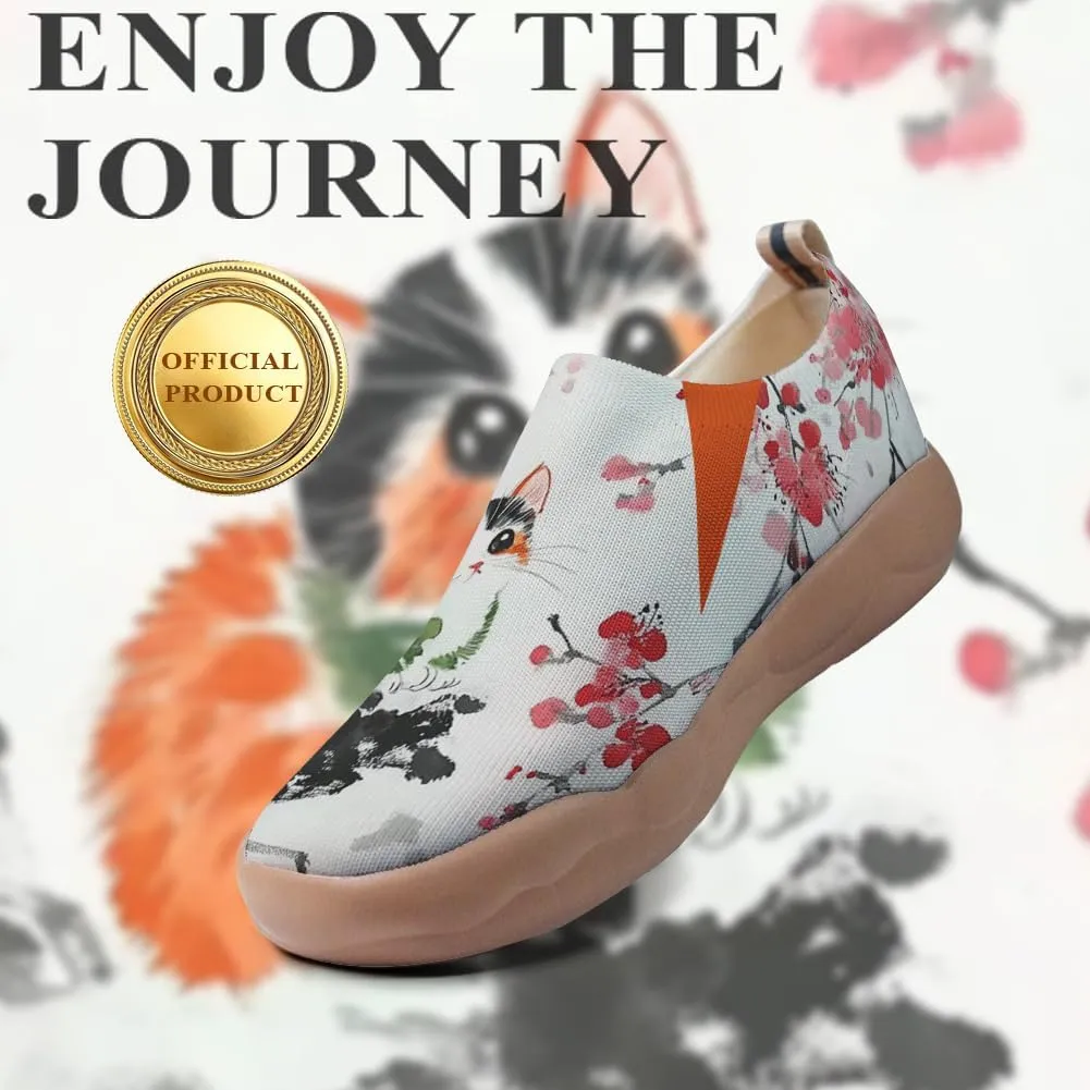 Women's Fashion Sneaker Ladies Travel Shoes Cat Painted Knit Slip On Loafers