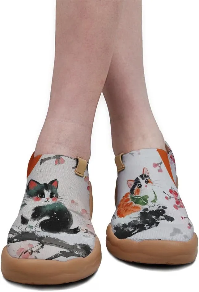 Women's Fashion Sneaker Ladies Travel Shoes Cat Painted Knit Slip On Loafers