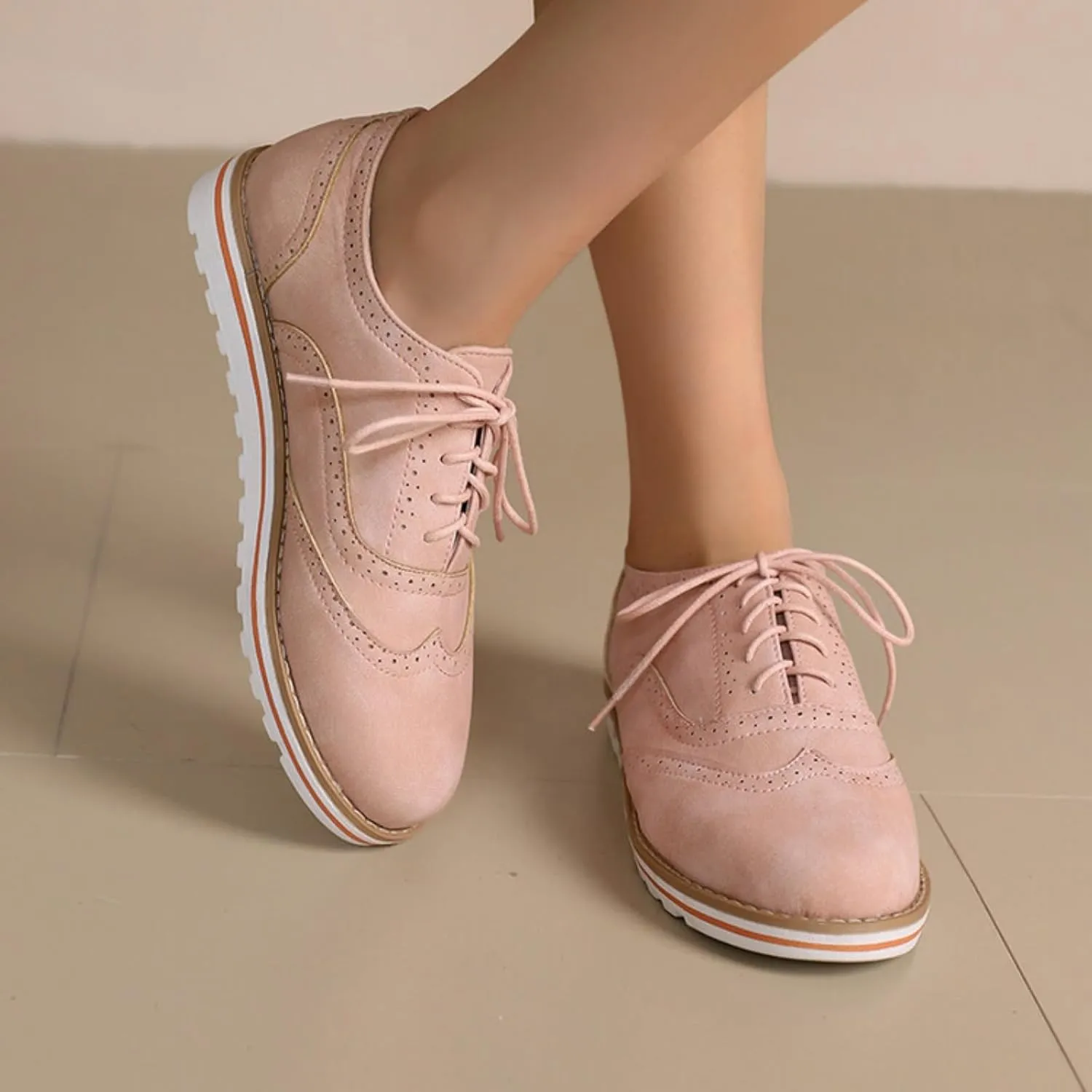 Women's Flats Lace-Up Oxfords Shoes Round Toe Low Platform Wingtip Brogues Classic Comfortable Derby Saddle Pumps