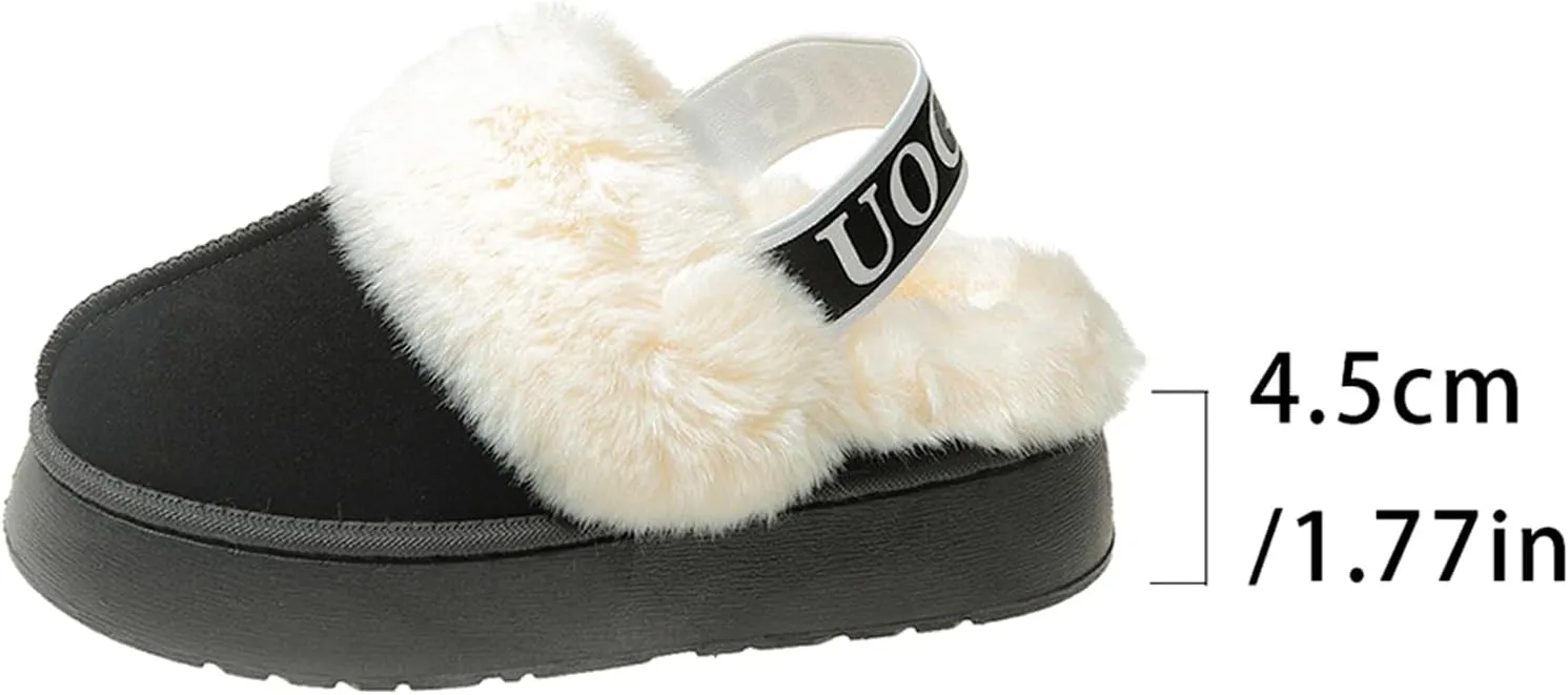 Women's Fuzzy Slippers Plush Lining Platform Slipper Slip on Fluffy Boots with Elastic Band Winter House Shoes Indoor and Outdoor