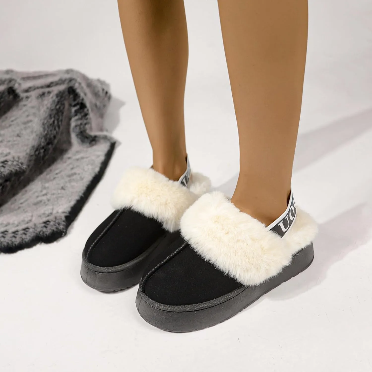 Women's Fuzzy Slippers Plush Lining Platform Slipper Slip on Fluffy Boots with Elastic Band Winter House Shoes Indoor and Outdoor