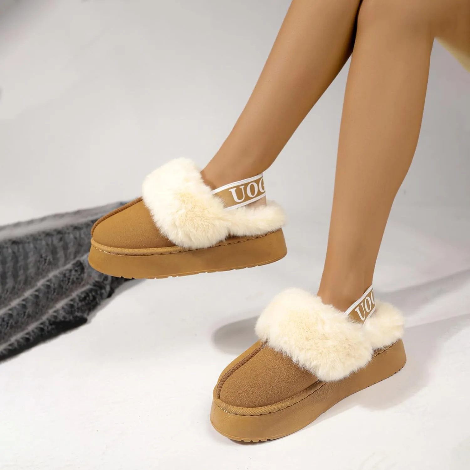 Women's Fuzzy Slippers Plush Lining Platform Slipper Slip on Fluffy Boots with Elastic Band Winter House Shoes Indoor and Outdoor