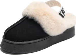 Women's Fuzzy Slippers Plush Lining Platform Slipper Slip on Fluffy Boots with Elastic Band Winter House Shoes Indoor and Outdoor