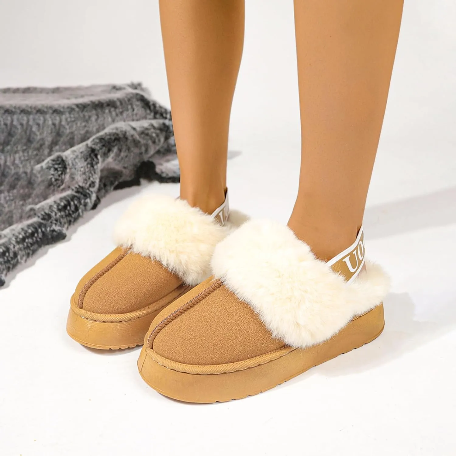 Women's Fuzzy Slippers Plush Lining Platform Slipper Slip on Fluffy Boots with Elastic Band Winter House Shoes Indoor and Outdoor