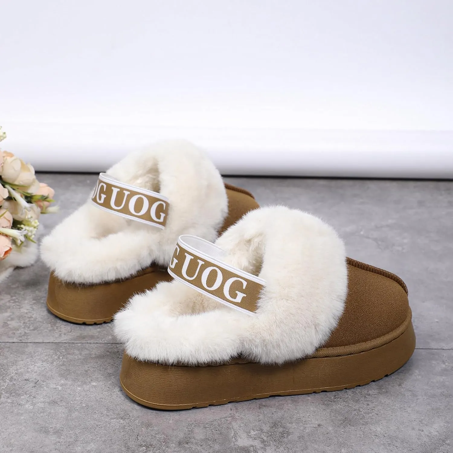 Women's Fuzzy Slippers Plush Lining Platform Slipper Slip on Fluffy Boots with Elastic Band Winter House Shoes Indoor and Outdoor