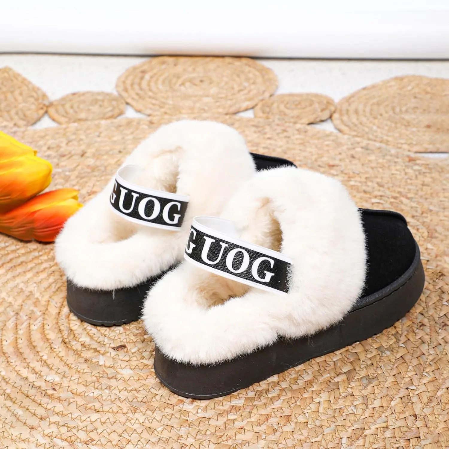 Women's Fuzzy Slippers Plush Lining Platform Slipper Slip on Fluffy Boots with Elastic Band Winter House Shoes Indoor and Outdoor