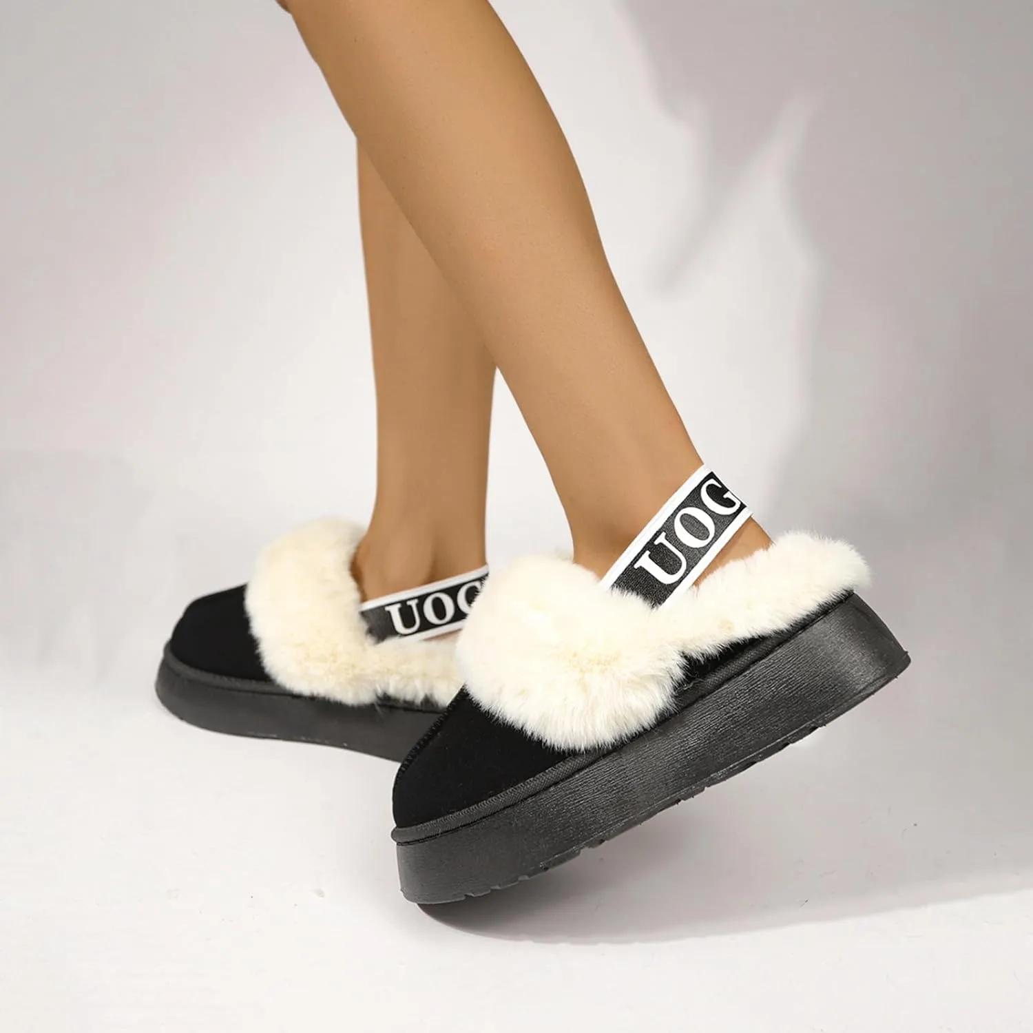 Women's Fuzzy Slippers Plush Lining Platform Slipper Slip on Fluffy Boots with Elastic Band Winter House Shoes Indoor and Outdoor