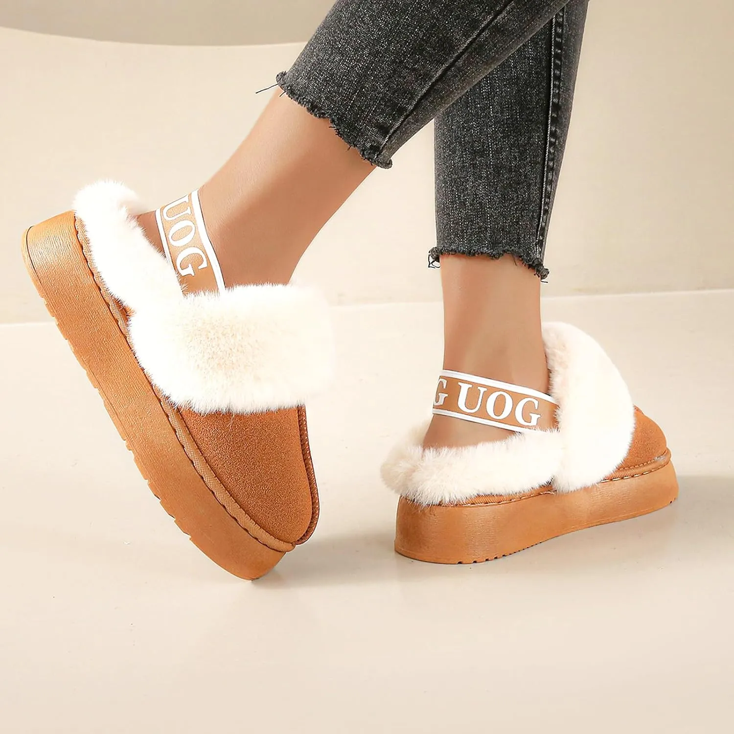 Women's Fuzzy Slippers Plush Lining Platform Slipper Slip on Fluffy Boots with Elastic Band Winter House Shoes Indoor and Outdoor