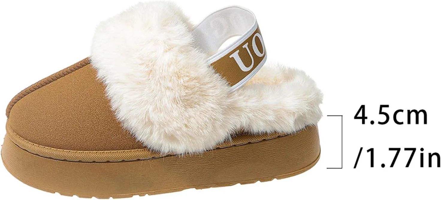 Women's Fuzzy Slippers Plush Lining Platform Slipper Slip on Fluffy Boots with Elastic Band Winter House Shoes Indoor and Outdoor