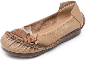 Women's Genuine Leather Flower Vintage Flats Comfortable Round Toe Slip-On Lightweight Non-Slip Hand Sewing Casual Mom Shoes for Walking Driving Shopping Loafers