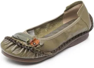 Women's Genuine Leather Flower Vintage Flats Comfortable Round Toe Slip-On Lightweight Non-Slip Hand Sewing Casual Mom Shoes for Walking Driving Shopping Loafers