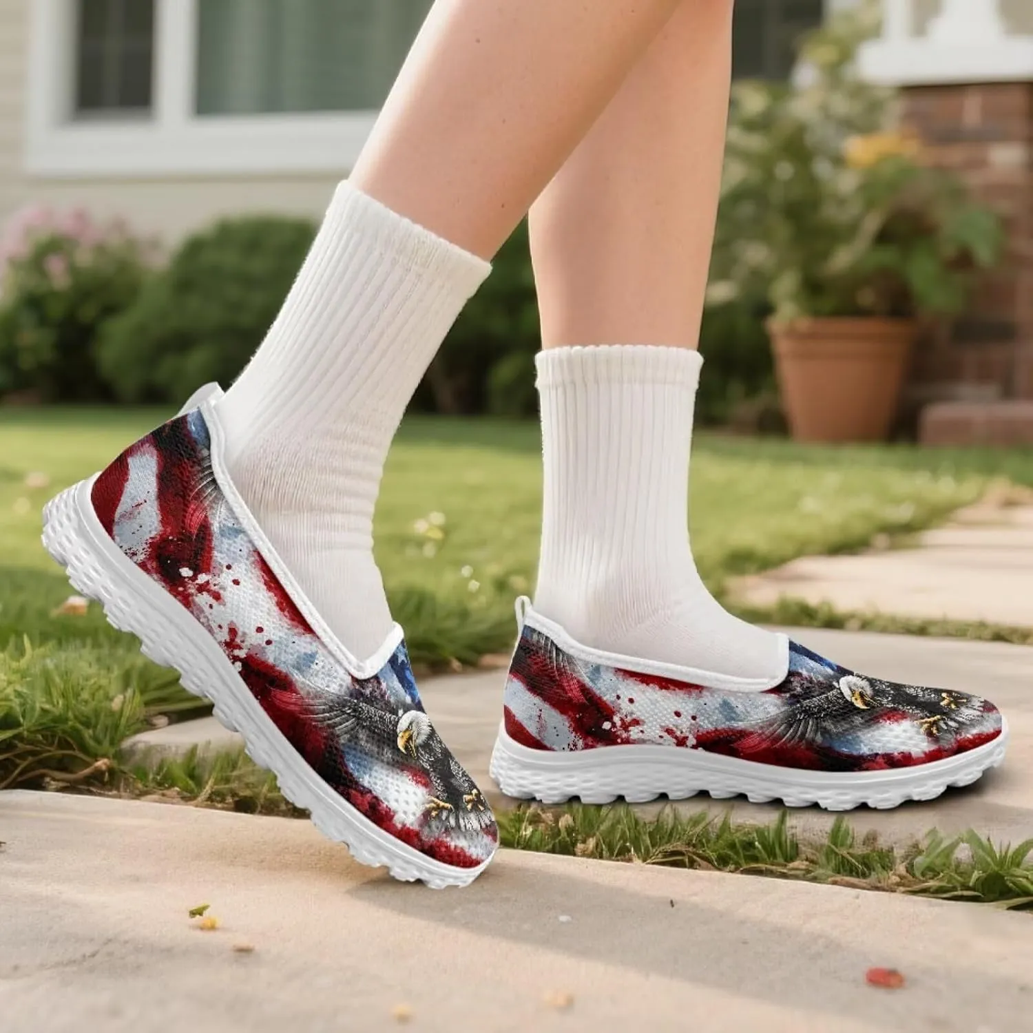 Women's Green Flats Round Toe Slip on Ballet Flats Patriotic Walking Sneakers Mesh Everyday Loafers Nurse Work Shoes