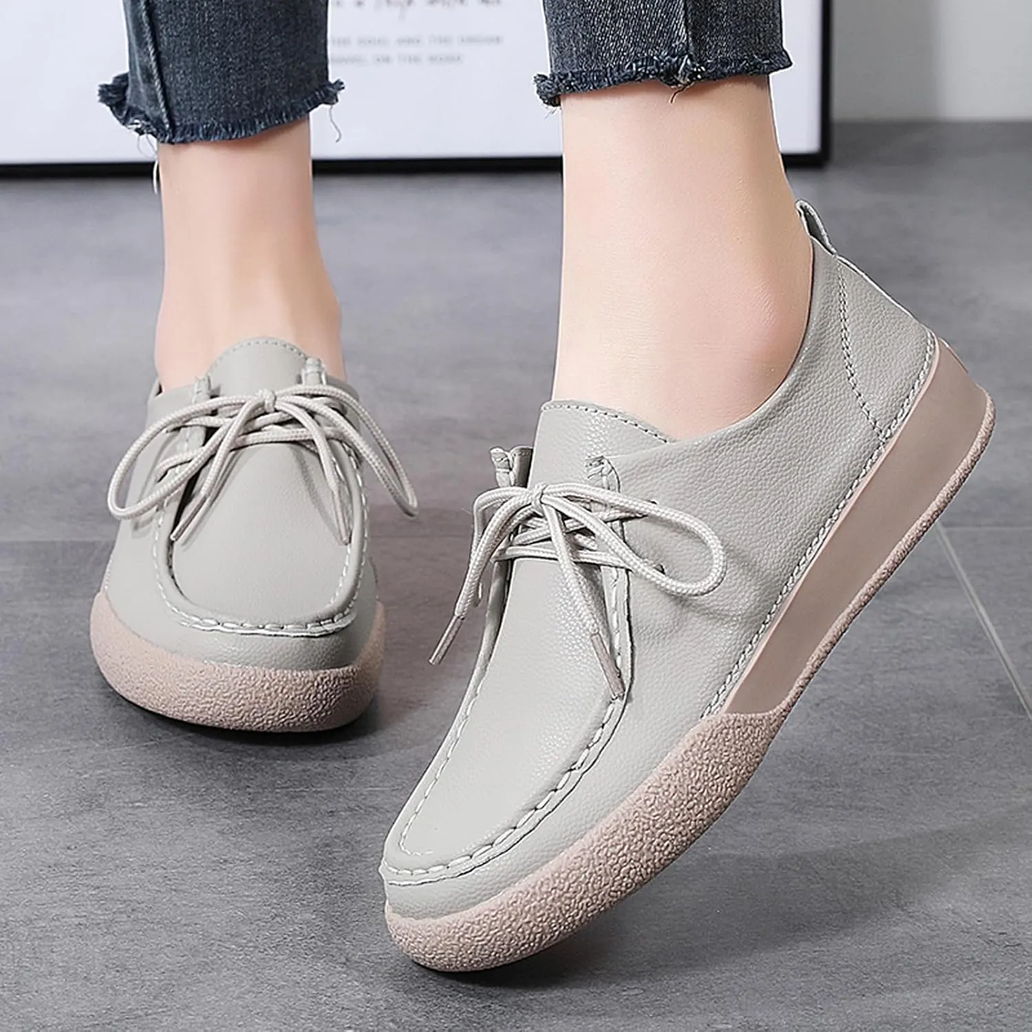 Women's Handmade Leather Lace-up Oxfords Sneakers,Fashion Comfortable Lightweight Casual Dress Shoes Outdoor Non-Slip Flat Loafers