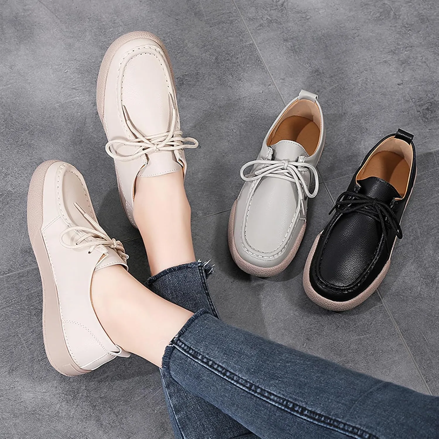 Women's Handmade Leather Lace-up Oxfords Sneakers,Fashion Comfortable Lightweight Casual Dress Shoes Outdoor Non-Slip Flat Loafers
