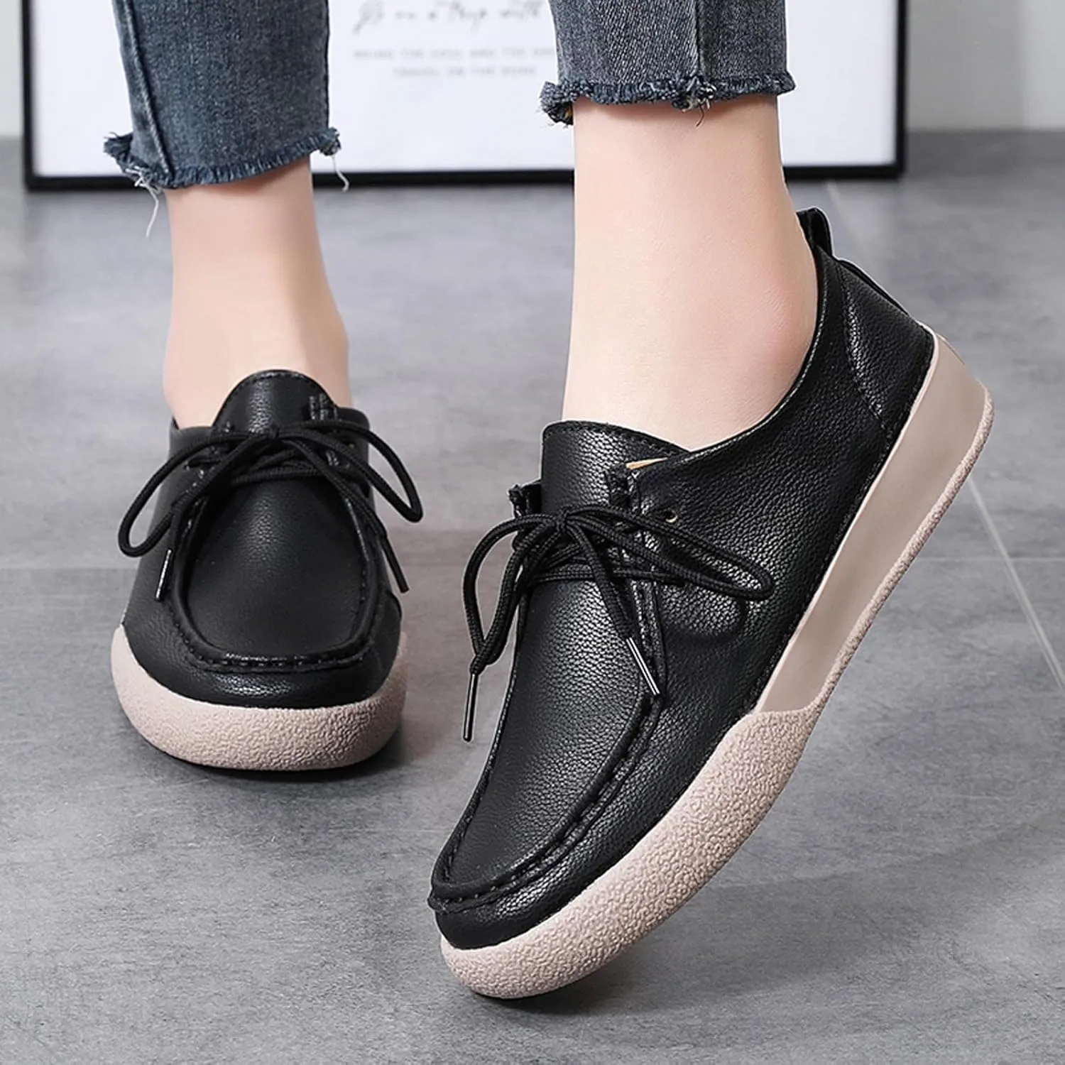 Women's Handmade Leather Lace-up Oxfords Sneakers,Fashion Comfortable Lightweight Casual Dress Shoes Outdoor Non-Slip Flat Loafers