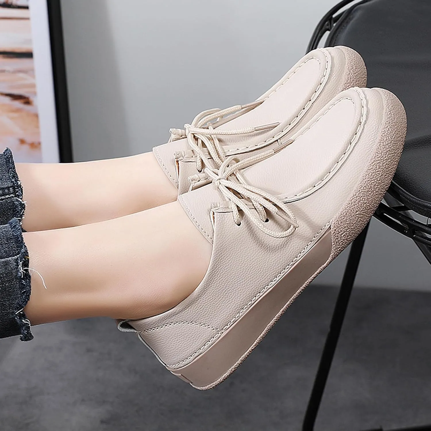 Women's Handmade Leather Lace-up Oxfords Sneakers,Fashion Comfortable Lightweight Casual Dress Shoes Outdoor Non-Slip Flat Loafers
