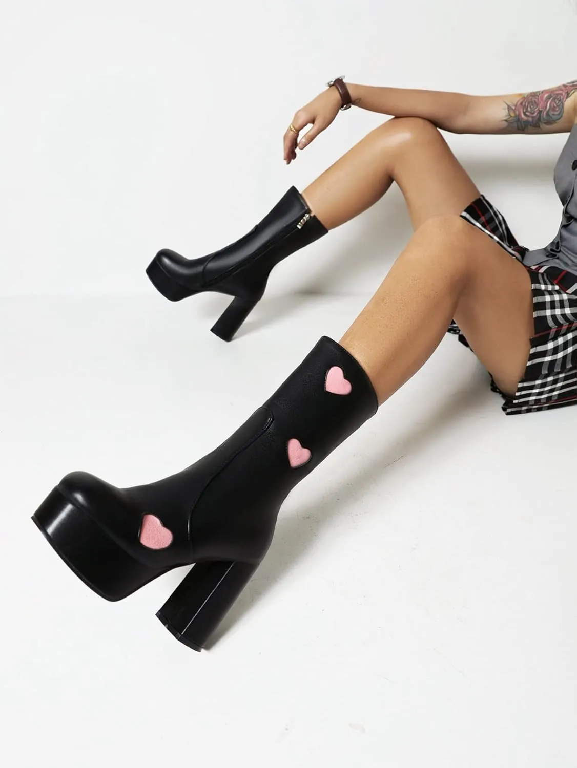 Women's High Heel Platform Mid Calf Boots Side Zip Sweet Heart Cool Punk Bootie