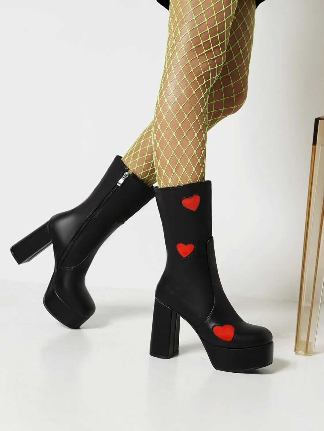 Women's High Heel Platform Mid Calf Boots Side Zip Sweet Heart Cool Punk Bootie