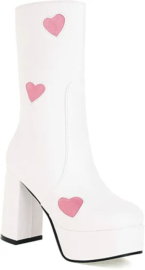 Women's High Heel Platform Mid Calf Boots Side Zip Sweet Heart Cool Punk Bootie