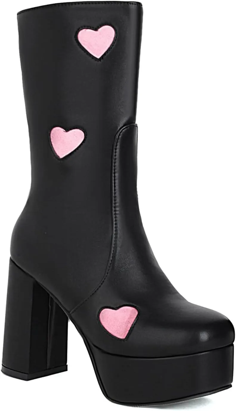 Women's High Heel Platform Mid Calf Boots Side Zip Sweet Heart Cool Punk Bootie