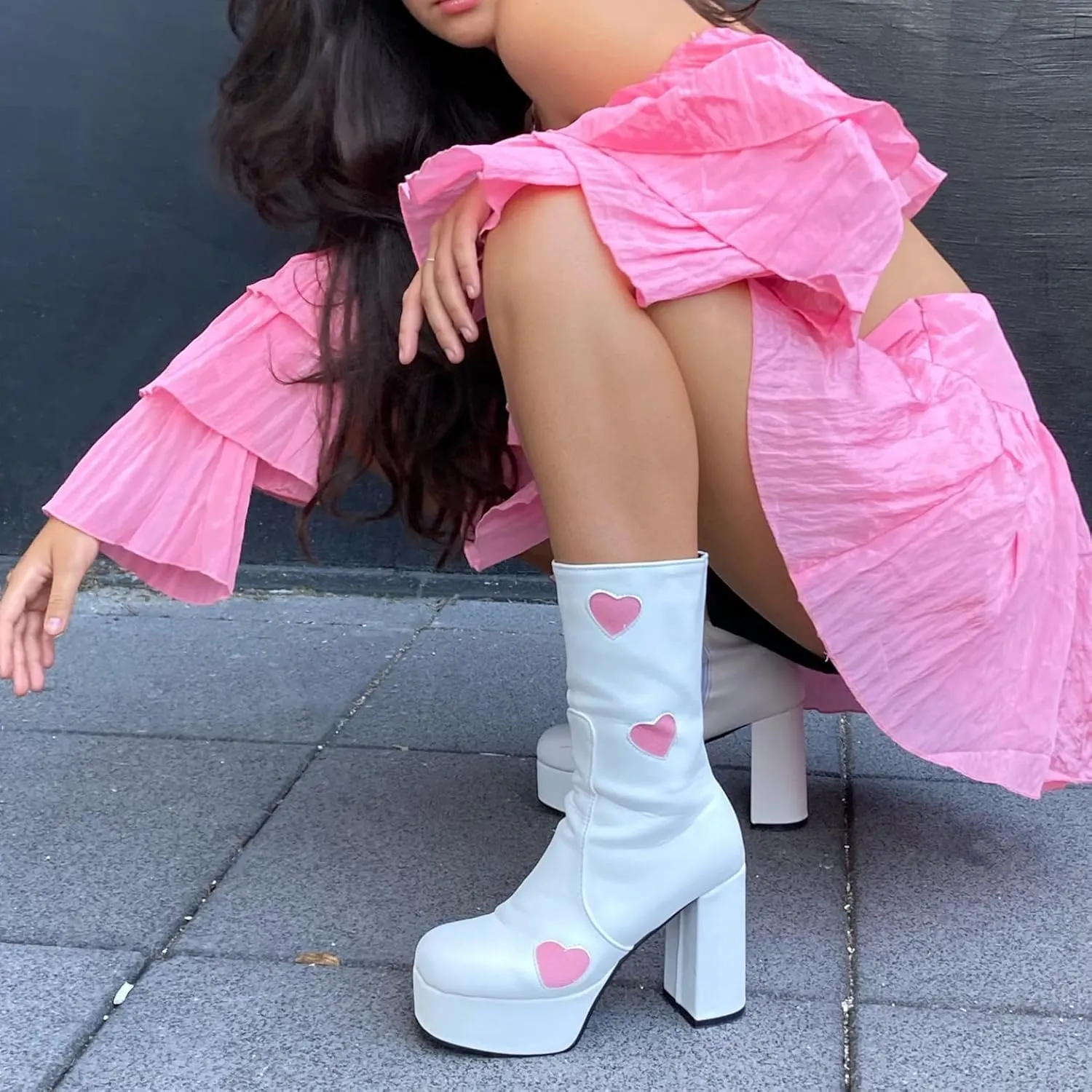 Women's High Heel Platform Mid Calf Boots Side Zip Sweet Heart Cool Punk Bootie
