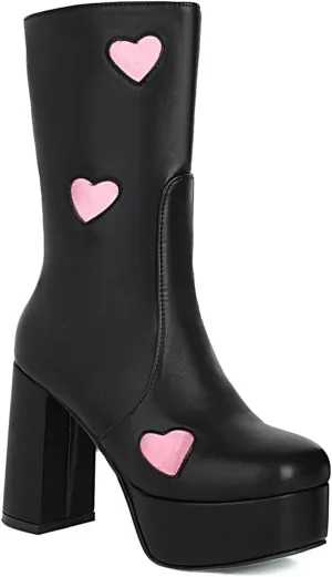 Women's High Heel Platform Mid Calf Boots Side Zip Sweet Heart Cool Punk Bootie