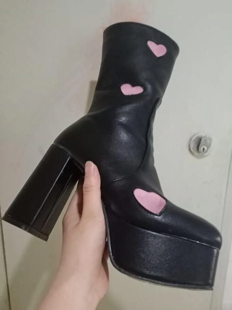 Women's High Heel Platform Mid Calf Boots Side Zip Sweet Heart Cool Punk Bootie
