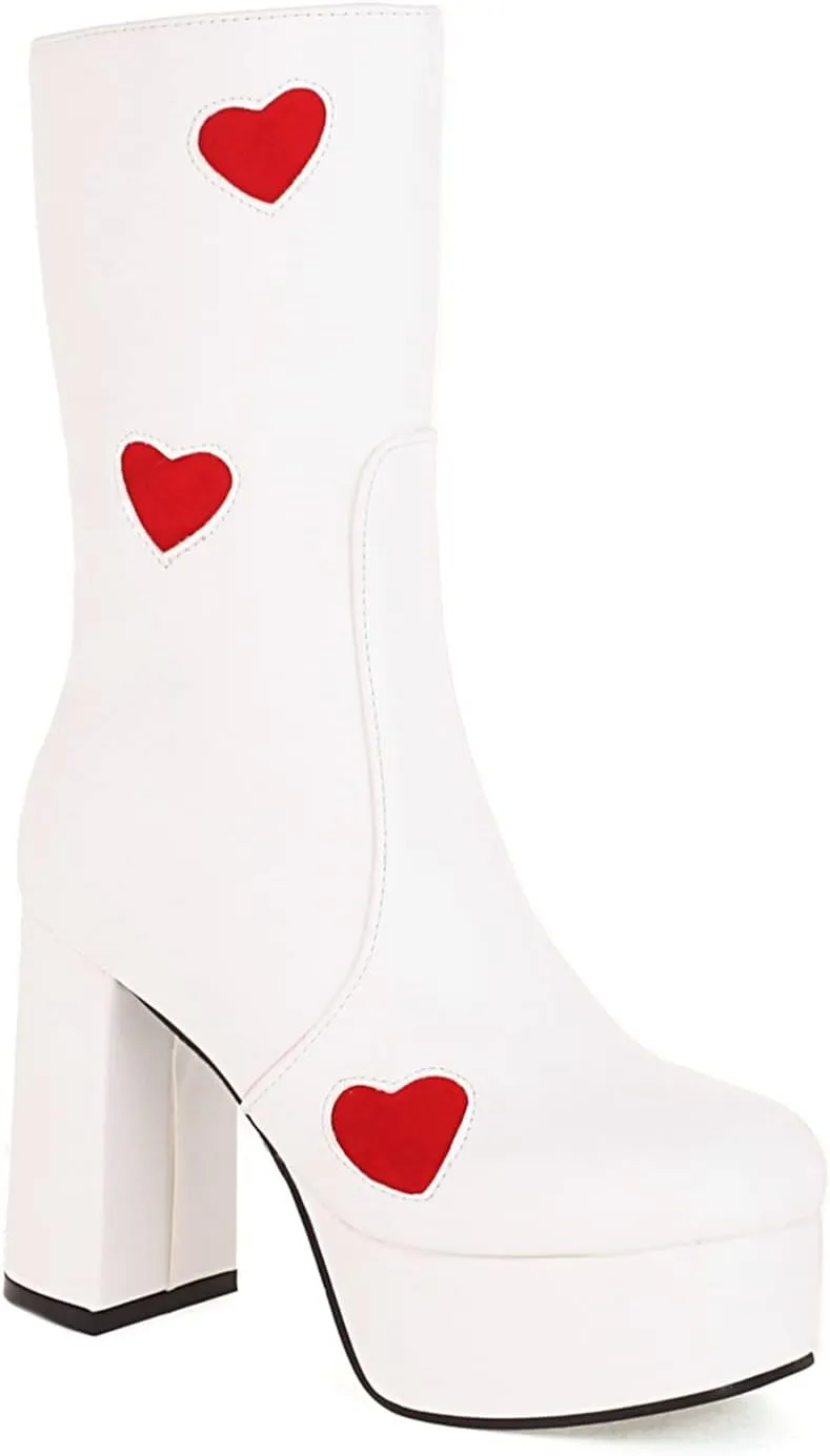 Women's High Heel Platform Mid Calf Boots Side Zip Sweet Heart Cool Punk Bootie