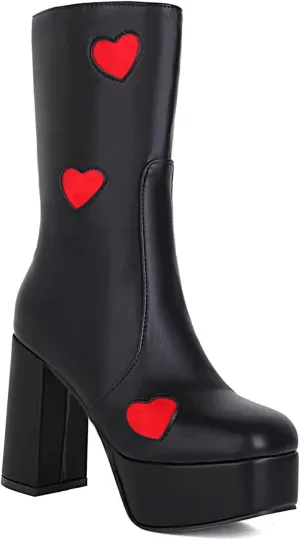 Women's High Heel Platform Mid Calf Boots Side Zip Sweet Heart Cool Punk Bootie