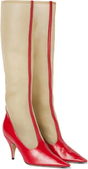 Women's Knee High Boots - Leather & Mesh, 3.5" Stiletto Heel, Pull-On Closed Pointed Toe Tall Boots for Party, Fashion & Evening