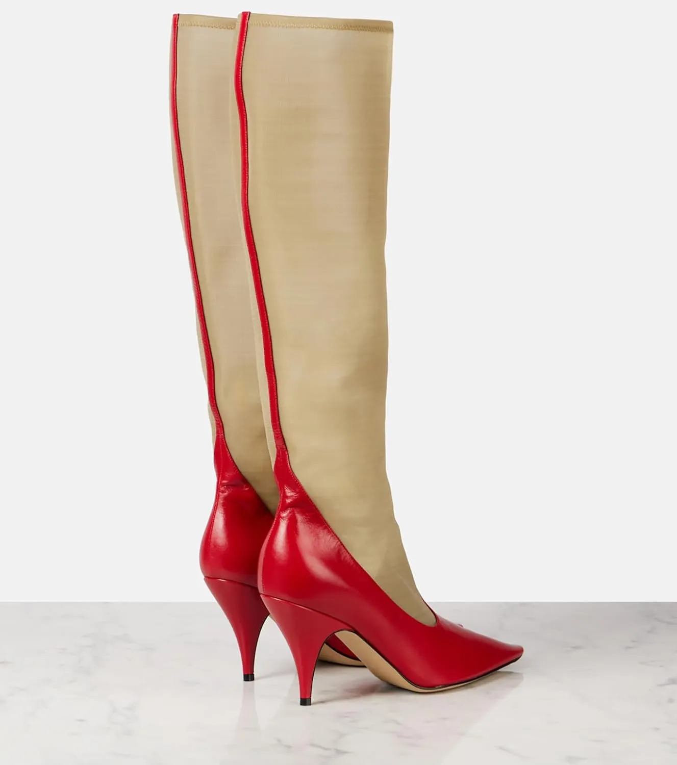 Women's Knee High Boots - Leather & Mesh, 3.5" Stiletto Heel, Pull-On Closed Pointed Toe Tall Boots for Party, Fashion & Evening