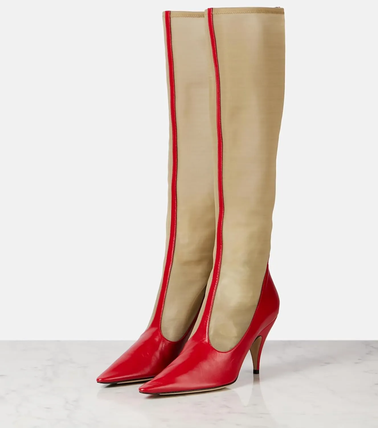 Women's Knee High Boots - Leather & Mesh, 3.5" Stiletto Heel, Pull-On Closed Pointed Toe Tall Boots for Party, Fashion & Evening