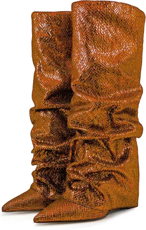 Women's Knee-High Boots Metallic Crocodile Pattern Super High Wedge Heel Stiletto Slouchy Tall Autumn/Winter Fashion Party Office Work Wear