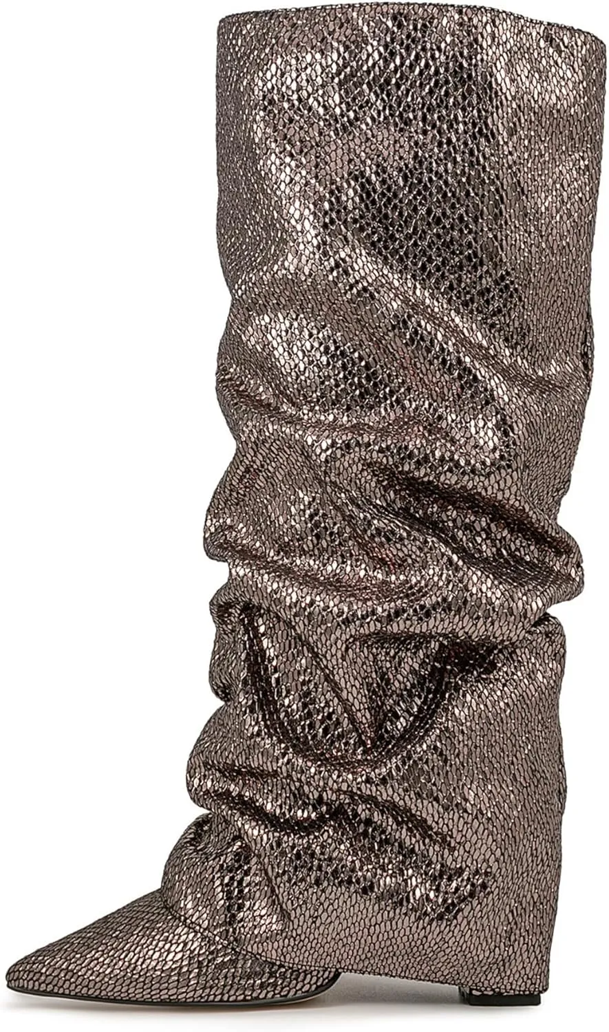 Women's Knee-High Boots Metallic Crocodile Pattern Super High Wedge Heel Stiletto Slouchy Tall Autumn/Winter Fashion Party Office Work Wear
