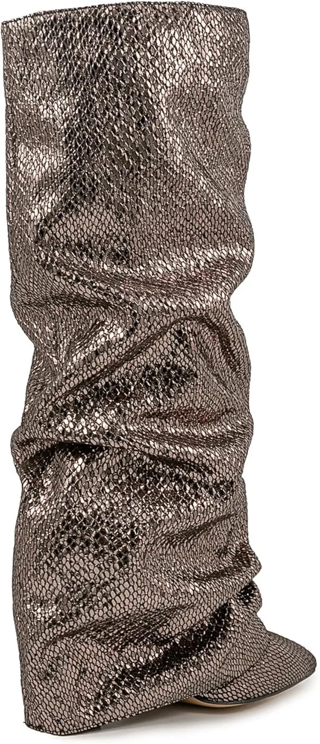 Women's Knee-High Boots Metallic Crocodile Pattern Super High Wedge Heel Stiletto Slouchy Tall Autumn/Winter Fashion Party Office Work Wear