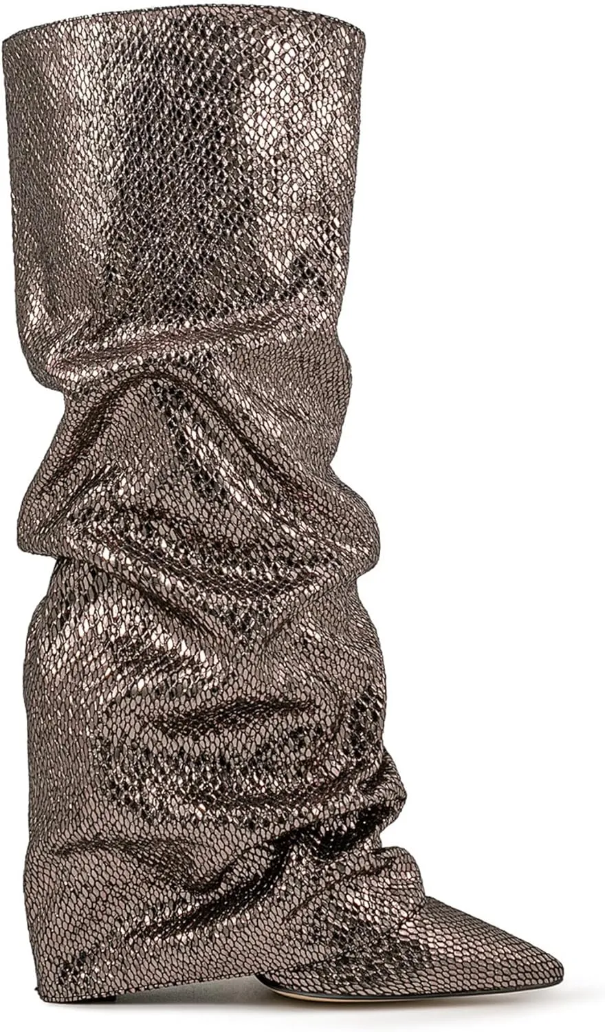 Women's Knee-High Boots Metallic Crocodile Pattern Super High Wedge Heel Stiletto Slouchy Tall Autumn/Winter Fashion Party Office Work Wear