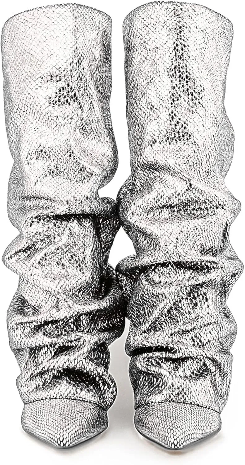 Women's Knee-High Boots Metallic Crocodile Pattern Super High Wedge Heel Stiletto Slouchy Tall Autumn/Winter Fashion Party Office Work Wear