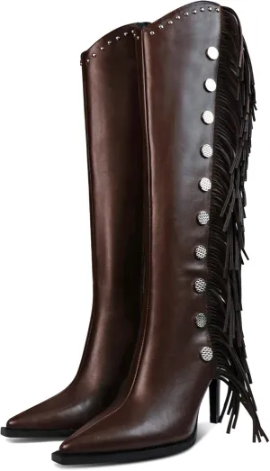 Womens Knee High Boots Pointed Toe Fringe Stiletto High Heel Long Boots Rivet Zipper Winter Sexy Wide Calf Tall Boots