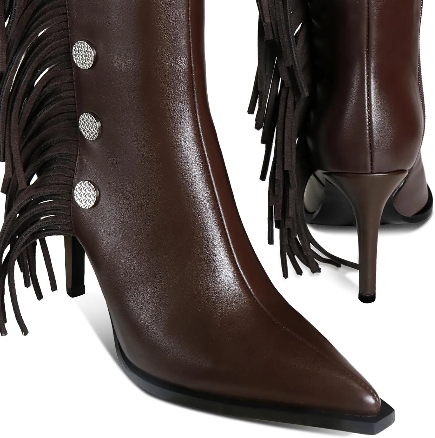 Womens Knee High Boots Pointed Toe Fringe Stiletto High Heel Long Boots Rivet Zipper Winter Sexy Wide Calf Tall Boots
