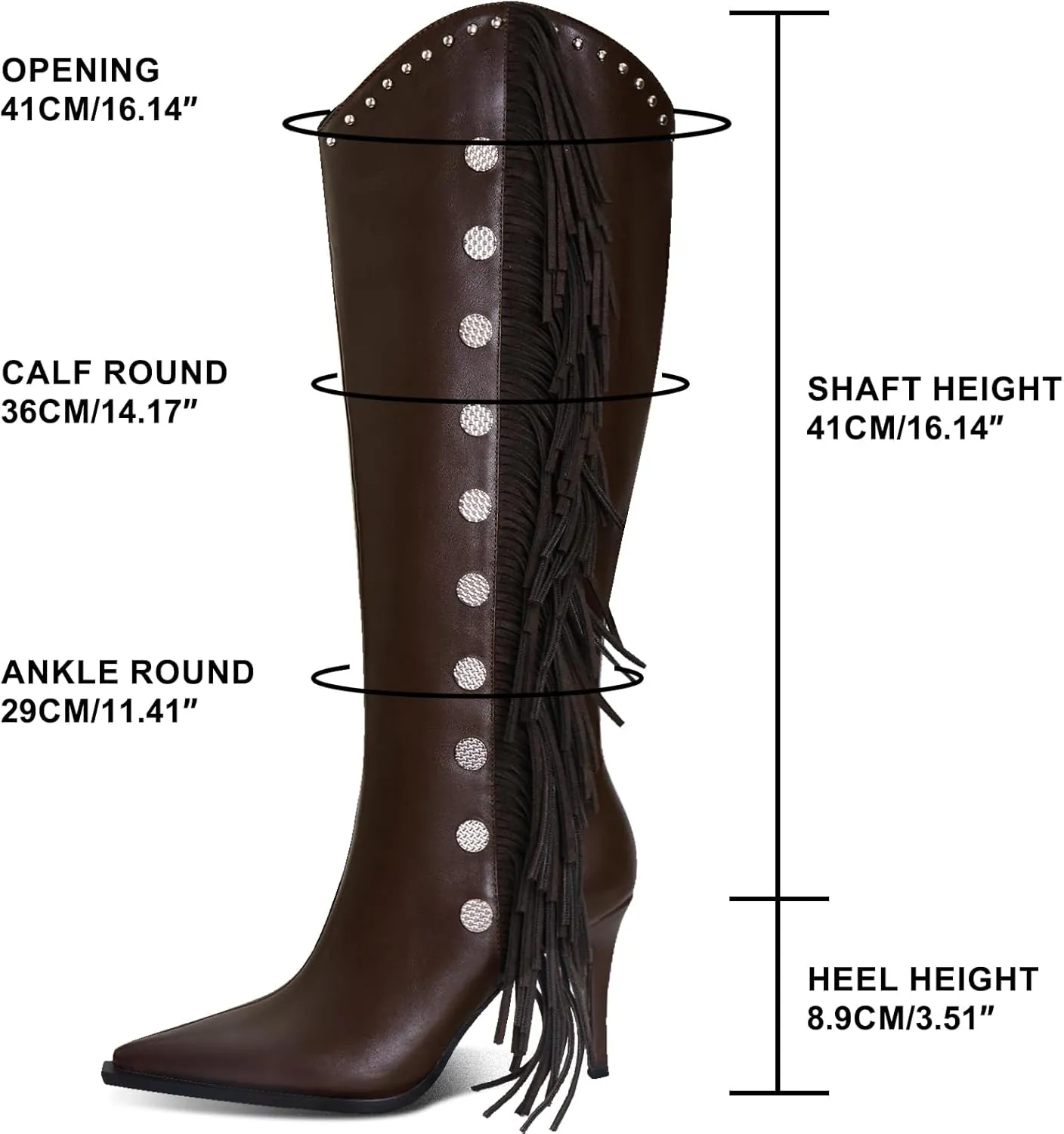 Womens Knee High Boots Pointed Toe Fringe Stiletto High Heel Long Boots Rivet Zipper Winter Sexy Wide Calf Tall Boots