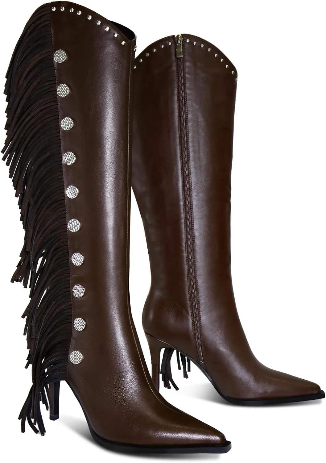 Womens Knee High Boots Pointed Toe Fringe Stiletto High Heel Long Boots Rivet Zipper Winter Sexy Wide Calf Tall Boots
