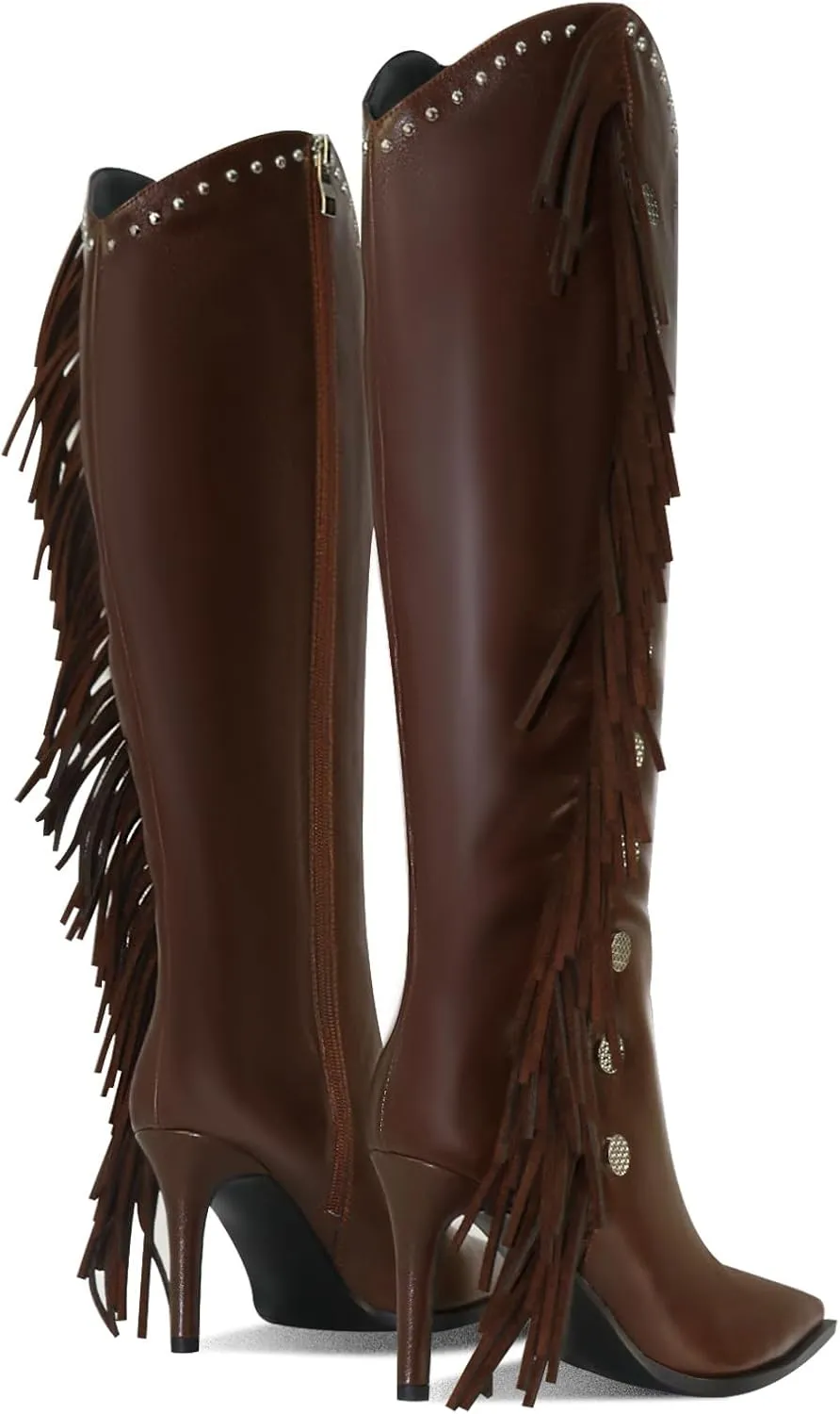 Womens Knee High Boots Pointed Toe Fringe Stiletto High Heel Long Boots Rivet Zipper Winter Sexy Wide Calf Tall Boots