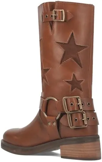 Women's Knee High Riding Boots Square Toe Chunky Block Heel Fashion Buckle Motocycle Biker Boots with Stars