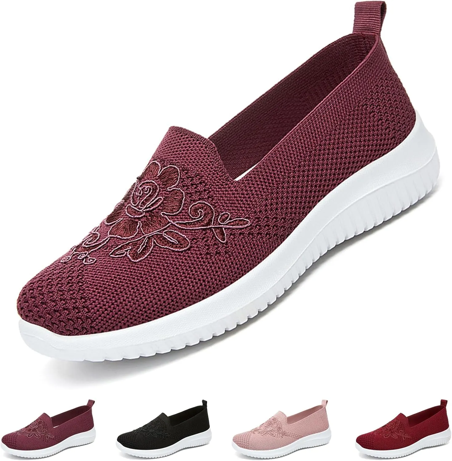 Women's Knitted Embroidery Casual Walking Sneakers,Lightweight Breathable Mesh Slip On Loafers,Comfortable Soft Sole Non-Slip Driving MoM Shoes