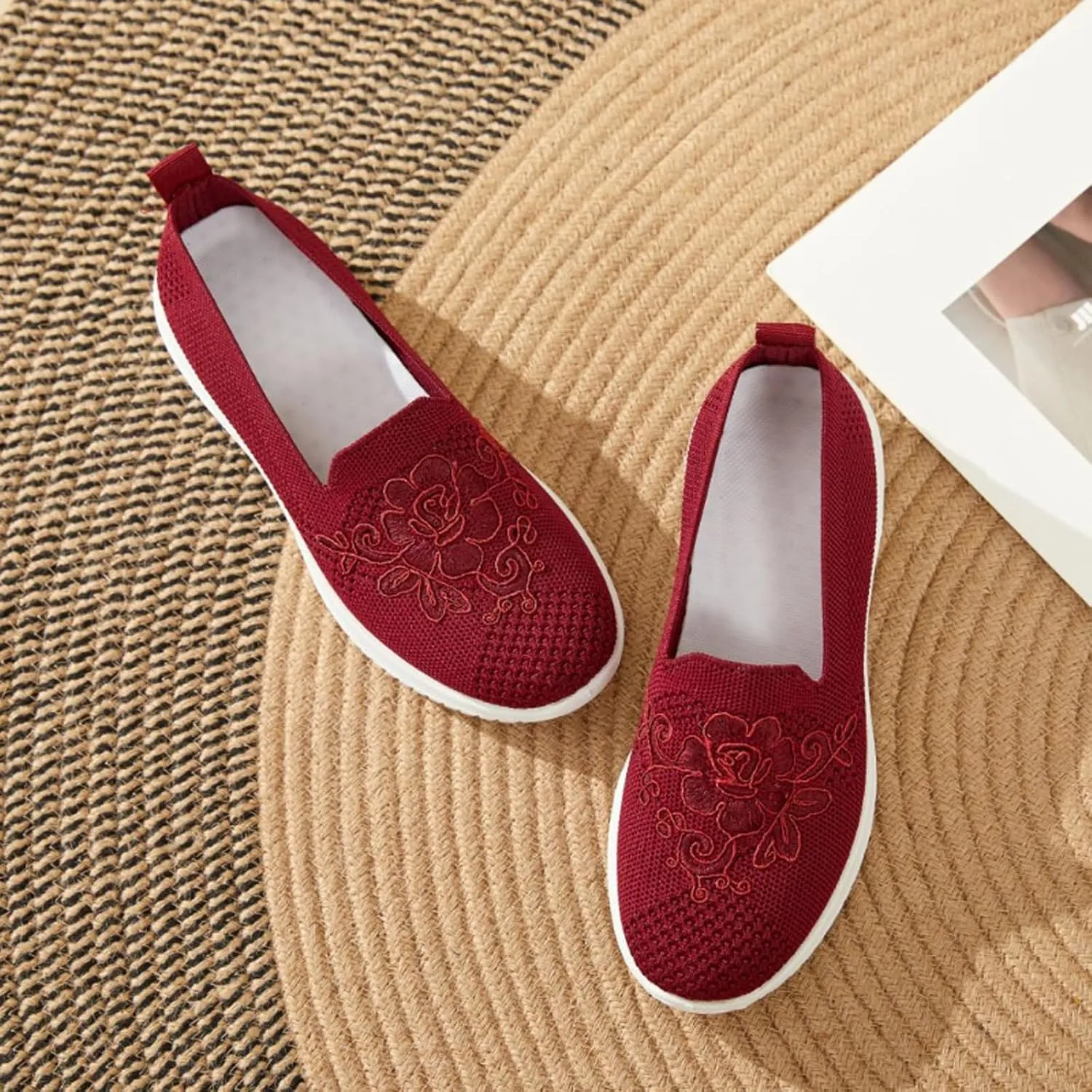 Women's Knitted Embroidery Casual Walking Sneakers,Lightweight Breathable Mesh Slip On Loafers,Comfortable Soft Sole Non-Slip Driving MoM Shoes
