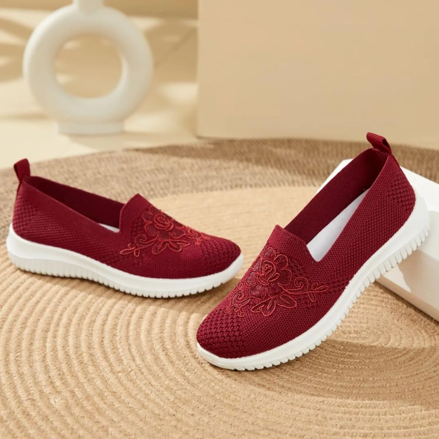 Women's Knitted Embroidery Casual Walking Sneakers,Lightweight Breathable Mesh Slip On Loafers,Comfortable Soft Sole Non-Slip Driving MoM Shoes