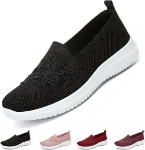 Women's Knitted Embroidery Casual Walking Sneakers,Lightweight Breathable Mesh Slip On Loafers,Comfortable Soft Sole Non-Slip Driving MoM Shoes